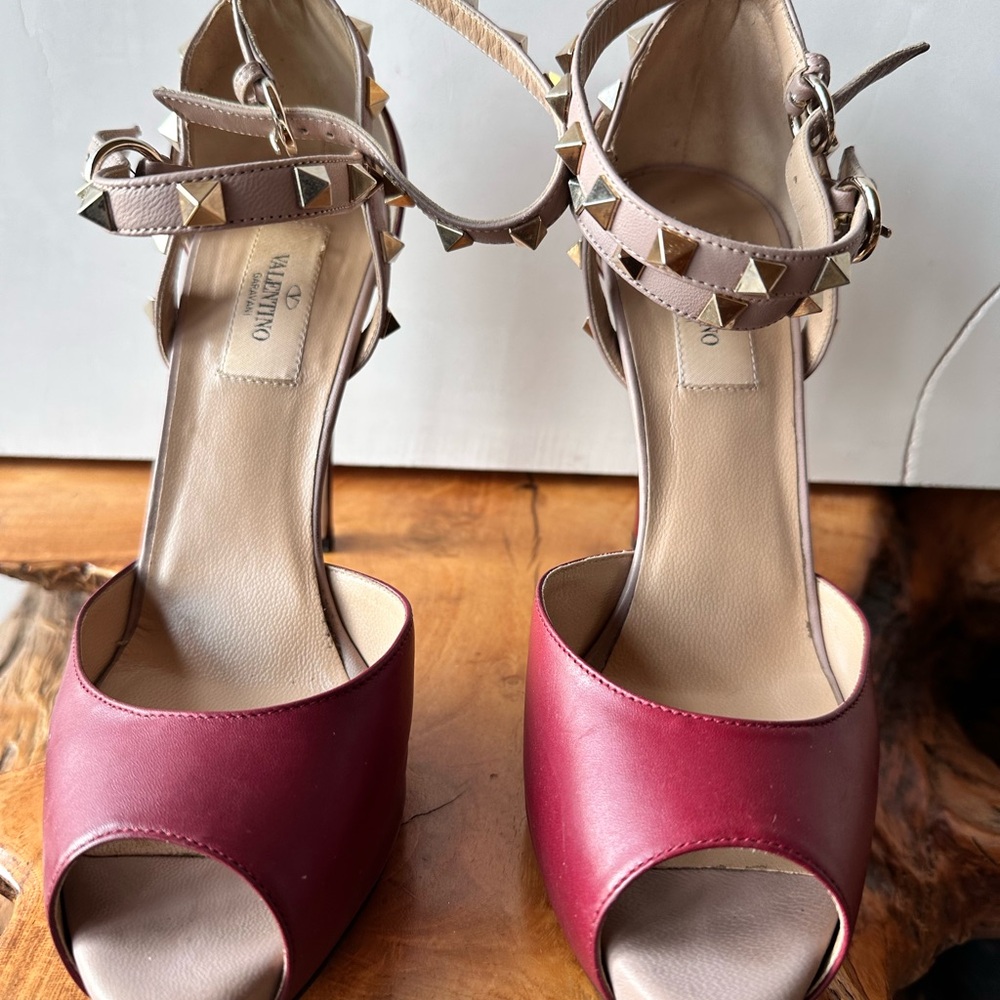 Valentino Burgundy and Beige Studded Heels